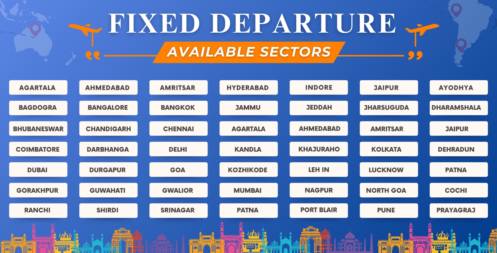 SUPERB TRAVELS MORADABAD have Fixed Departure Available Sectors "AGARTALA AHMEDABAD BAGDOGRA AMRITSAR BANGALORE BHUBANESWAR HYDERABAD BANGKOK INDORE CHANDIGARH JAMMU COIMBATORE CHENNAI JAIPUR JEDDAH DARBHANGA DUBAI AYODHYA AGARTALA DELHI JHARSUGUDA DURGAPUR AHMEDABAD KANDLA GORAKHPUR DHARAMSHALA GOA AMRITSAR GUWAHATI KHAJURAHO RANCHI KOZHIKODE JAIPUR GWALIOR KOLKATA SHIRDI LEH IN MUMBAI DEHRADUN SRINAGAR LUCKNOW NAGPUR PATNA PATNA NORTH GOA PORT BLAIR COCH PUNE PRAYAGRAJ" .